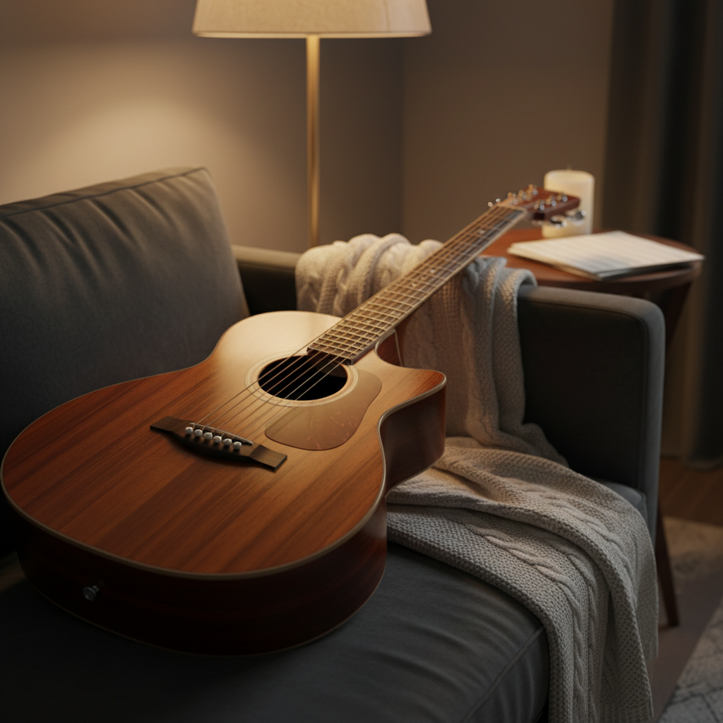 A polished wooden guitar resting on a plush, dark charcoal sofa, a soft knitted throw draped casually beside it, suggesting evenings filled with stories and music. The guitar’s rich mahogany body reflects subtle highlights from a nearby floor lamp with a warm fabric shade, while the metal tuning pegs catch small points of light. In the background, slightly blurred, a small stack of blank music sheets lies on a side table next to an unlit candle. Photographed at a three-quarter angle in photographic realism with shallow depth of field, the scene feels intimate and sophisticated. The ambient lighting is low and cozy, casting gentle shadows that enhance the sense of remembrance and shared moments connected to Luke Layman, without showing any people or explicit text.