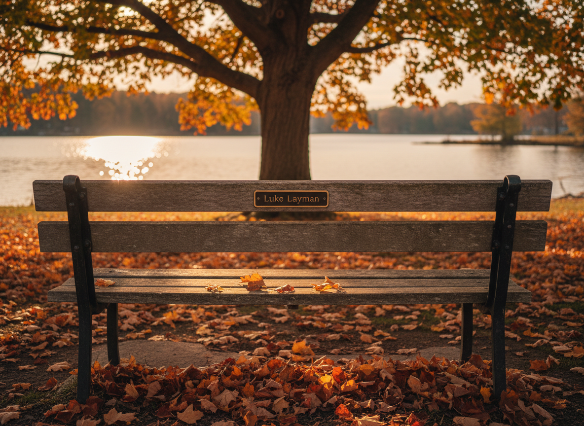 A weathered wooden park bench with a small brass plaque engraved with the name “Luke Layman” represented only by a softly polished metallic rectangle, placed beneath a towering maple tree at the edge of a quiet lake. Fallen autumn leaves in deep amber and russet tones scatter around the bench, some resting gently on the slats. Late afternoon golden-hour sunlight filters through the branches, casting dappled, moving shadows across the seat and shimmering reflections on the calm water beyond. Photographed at eye level in photographic realism, with a shallow depth of field that keeps the bench in sharp focus while the distant shoreline and trees blur into a soft, serene bokeh, creating a sophisticated, reflective mood of cherished memories and shared stories.