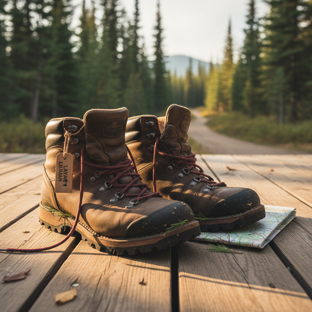 A pair of slightly scuffed hiking boots, laces loosely undone, resting on a sunlit wooden cabin porch with a folded topographic map partially tucked beneath them. Tiny flecks of dried mud cling to the soles, and a few pine needles are caught in the treads, hinting at countless adventures and shared memories of the outdoors. Soft late-afternoon light slants across the boards, creating long, gentle shadows and warm golden reflections in the worn leather. In the background, out of focus, a tranquil forest of evergreens and a glimpse of a distant trail create depth. Captured in photographic realism from a low, close-up angle, the mood is nostalgic, respectful, and quietly celebratory of the kind of experiences friends might remember about Luke Layman.